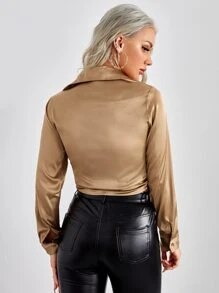 SHEIN Privé Tie Front Satin Top - Khaki - View 2
