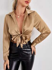 SHEIN Privé Tie Front Satin Top - Khaki - View 4