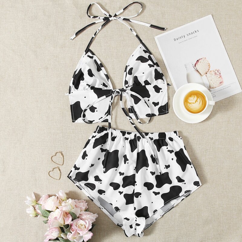 

Cow Print Halter Neck Tie Back Night Set, Black and white