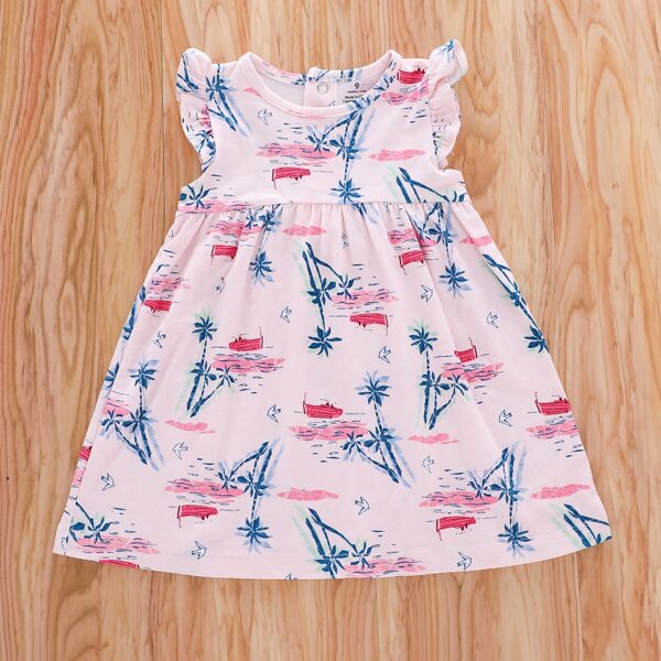 

Baby Girl Tropical Print Ruffle Trim Dress, Baby pink