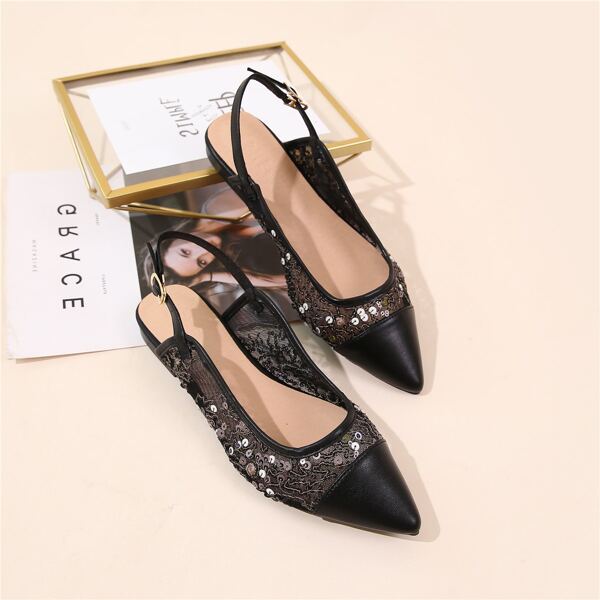 

Point Toe Mesh Panel Slingback Flats, Black