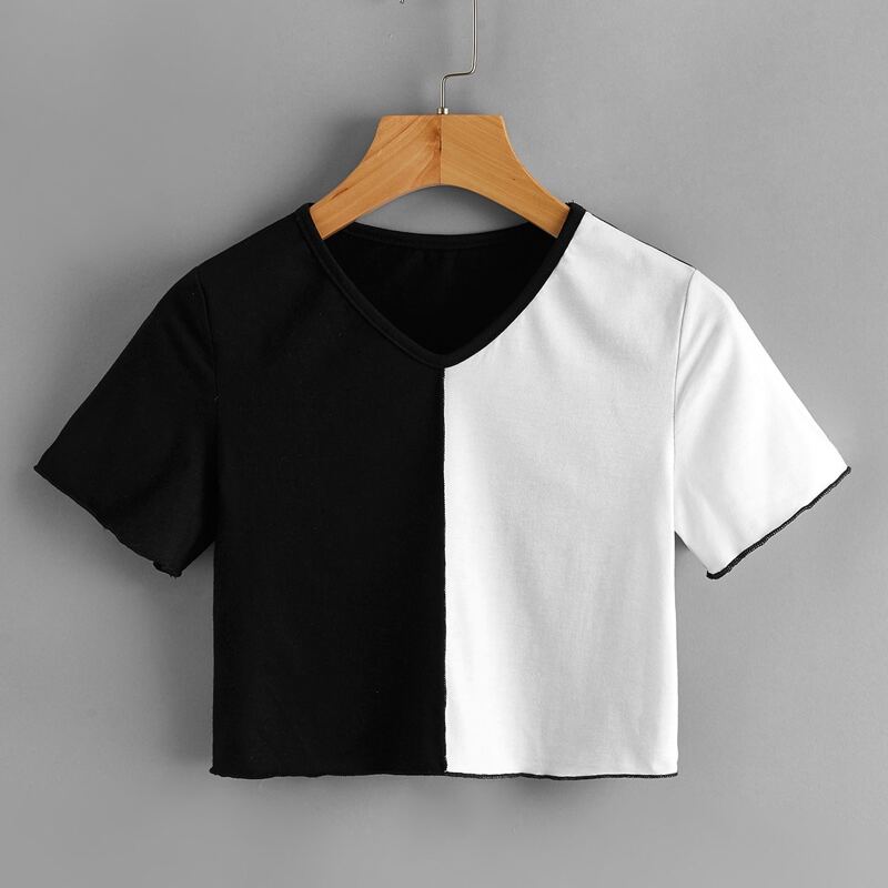 

Colorblock Contrast Binding Crop Tee, Black and white