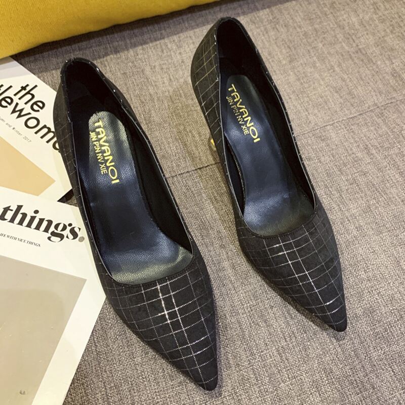 

Plaid Stiletto Heeled Court Pumps, Black