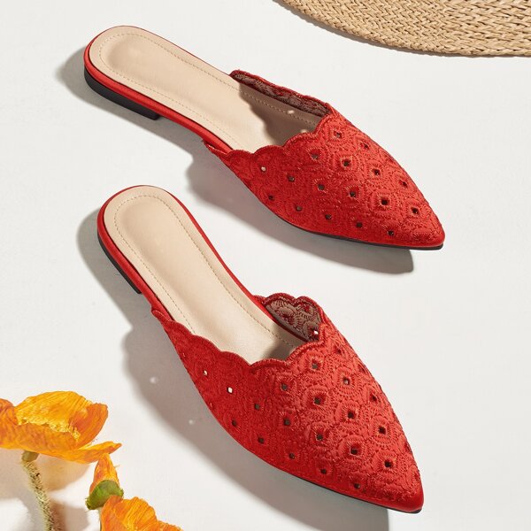 

Point Toe Embroidered Scallop Trim Mules, Red