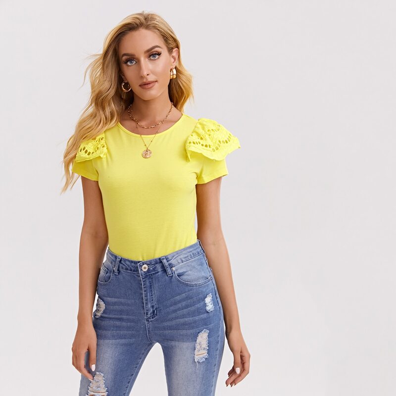 

Eyelet Embroidered Trim Solid Tee, Yellow
