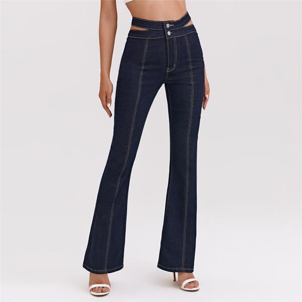 

High Waist Cutout Detail Flare Leg Jeans, Dark wash