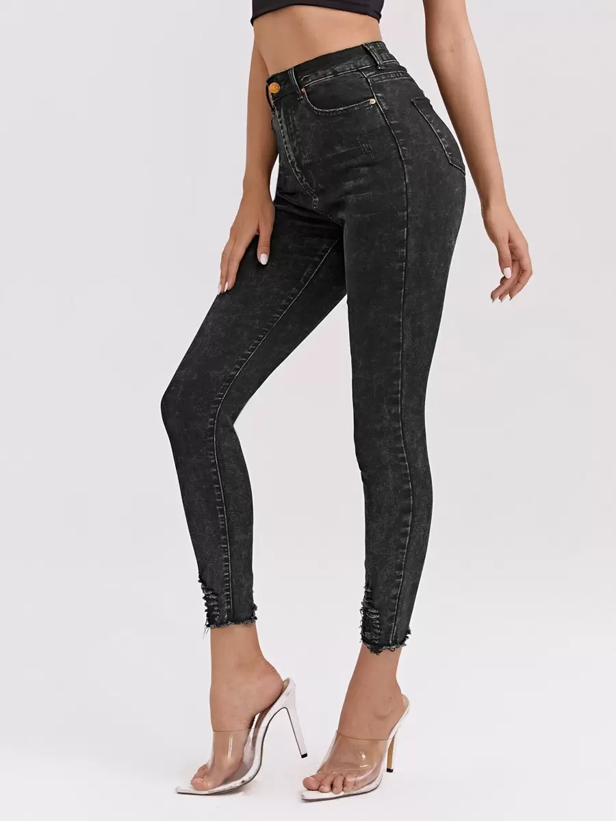 High Stretch Raw Hem Ripped Skinny Jeans - Dark Grey - View 1