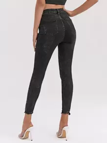 High Stretch Raw Hem Ripped Skinny Jeans - Dark Grey - View 2
