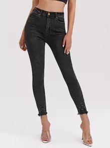 High Stretch Raw Hem Ripped Skinny Jeans - Dark Grey - View 3