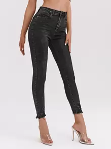 High Stretch Raw Hem Ripped Skinny Jeans - Dark Grey - View 5