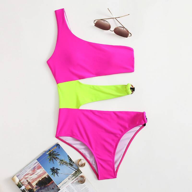 

Colorblock O-ring Linked Cut-out One Piece Swimsuit, Multicolor