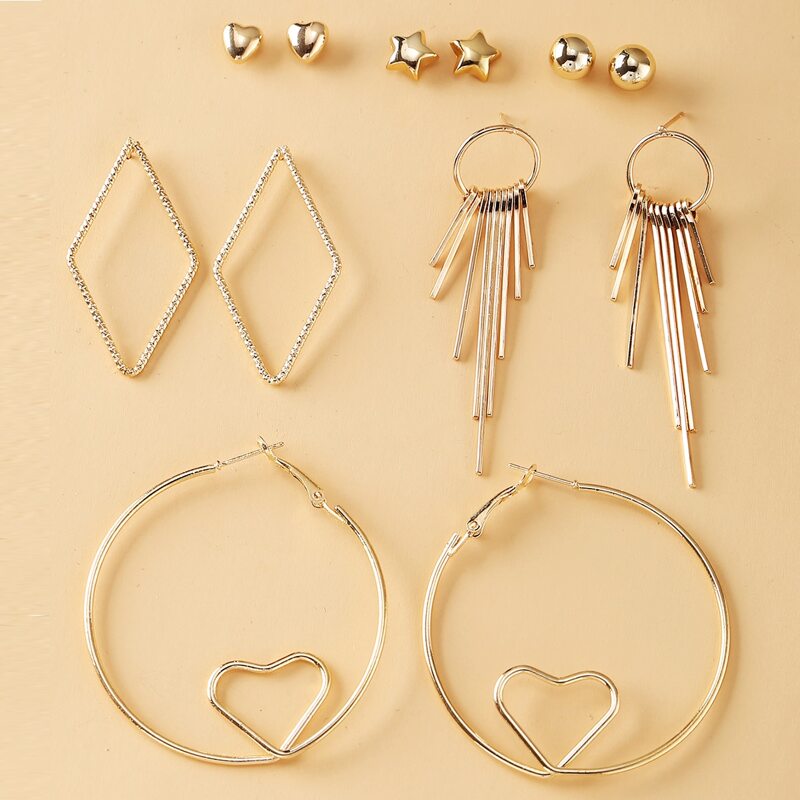 

6pairs Geometric & Heart Design Earrings, Gold
