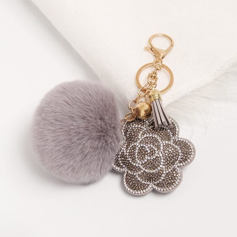 

Pom Pom Flower Charm Keychain, Grey