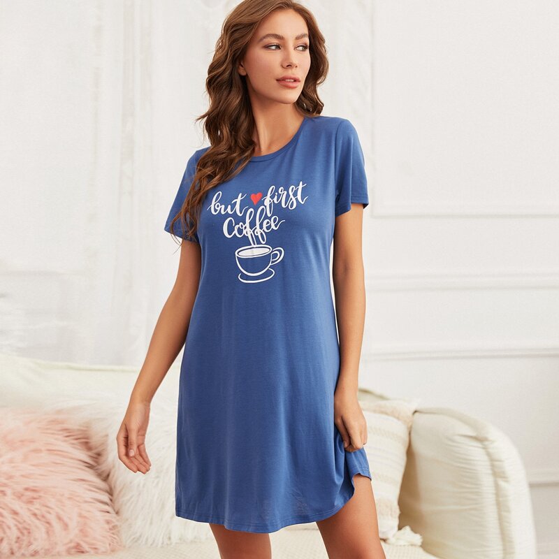 

Slogan And Graphic Print Night Dress, Blue