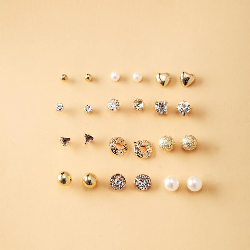 

12pairs Rhinestone & Geo Stud Earrings, Gold