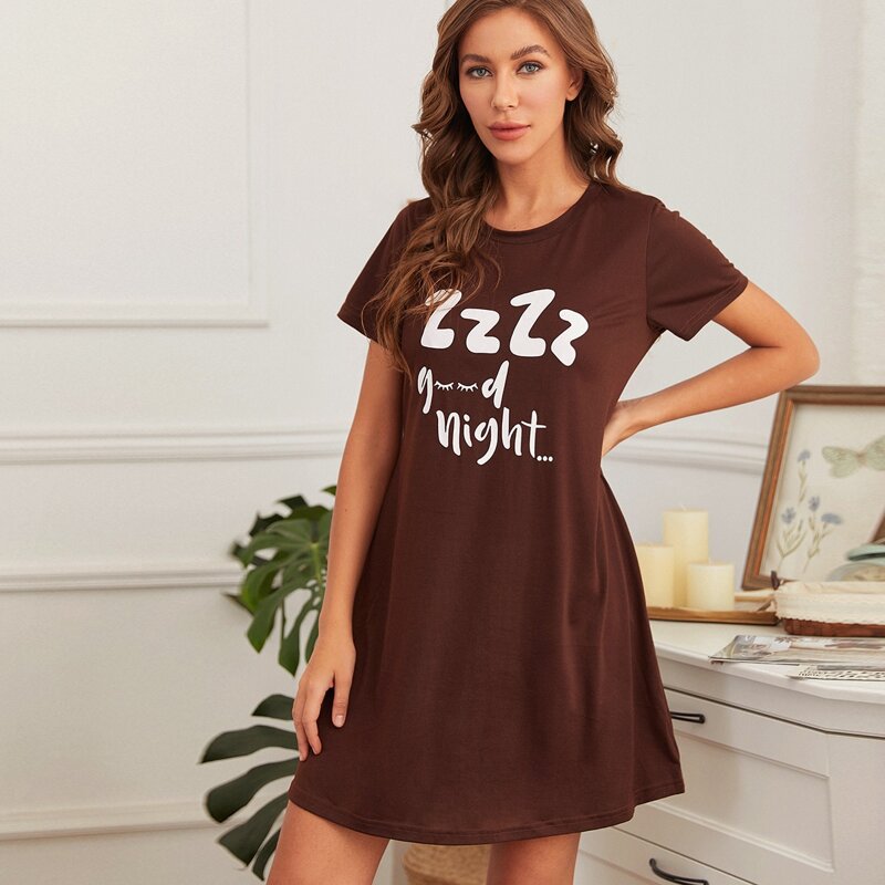 

Eyelash And Letter Graphic Night Dress, Chocolate brown