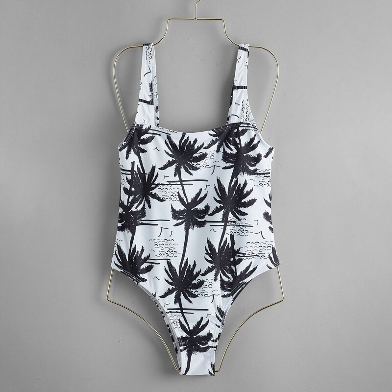 

Tropical Print One Piece Swimsuit, Black and white