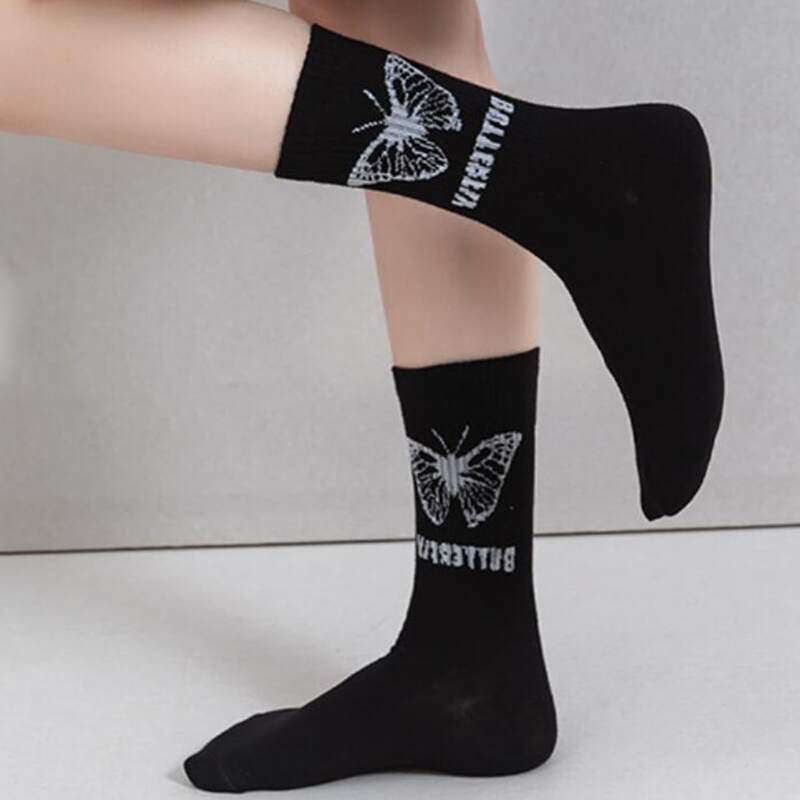 

1pair Butterfly Crew Socks, Black