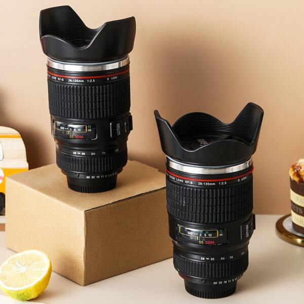 

1pc Camera Lens Shaped Mug With Lid, Black