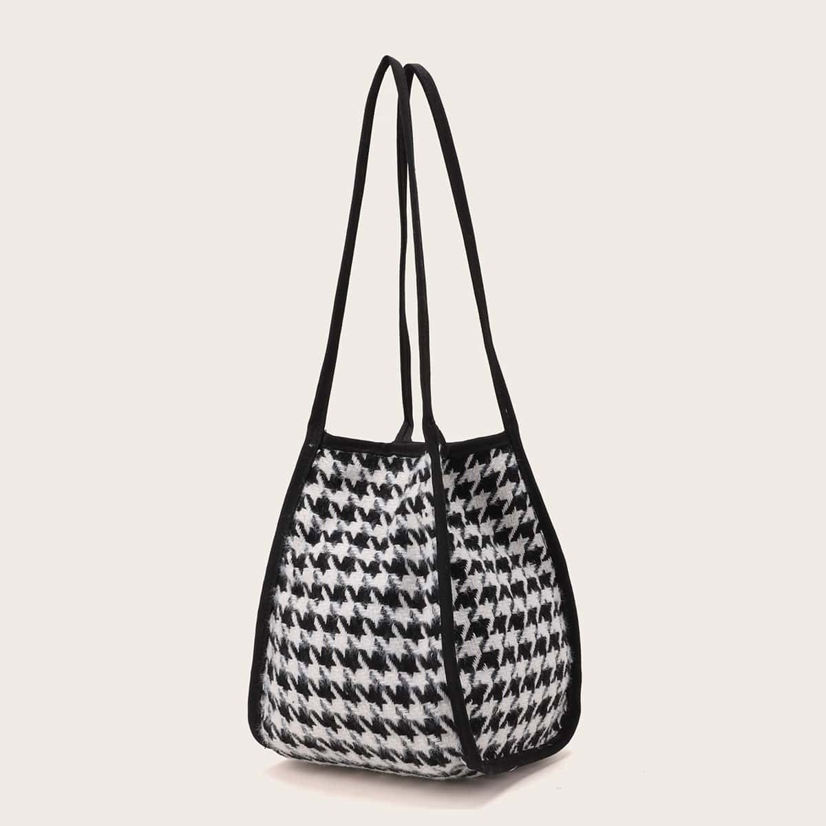 Image of Houndstooth Print Tweed Shoulder Bag