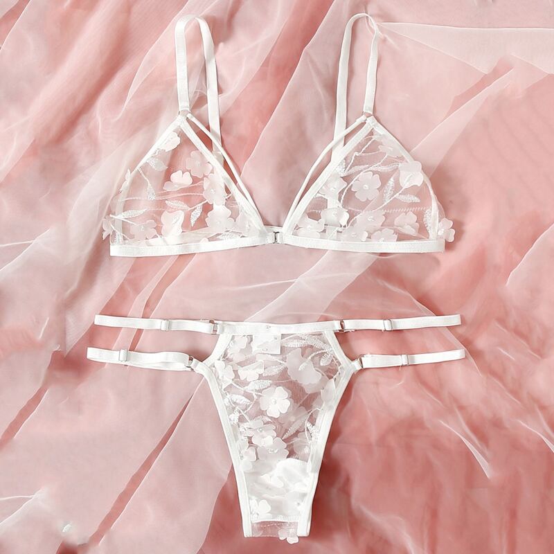 

Floral Appliques Sheer Mesh Lingerie Set, White