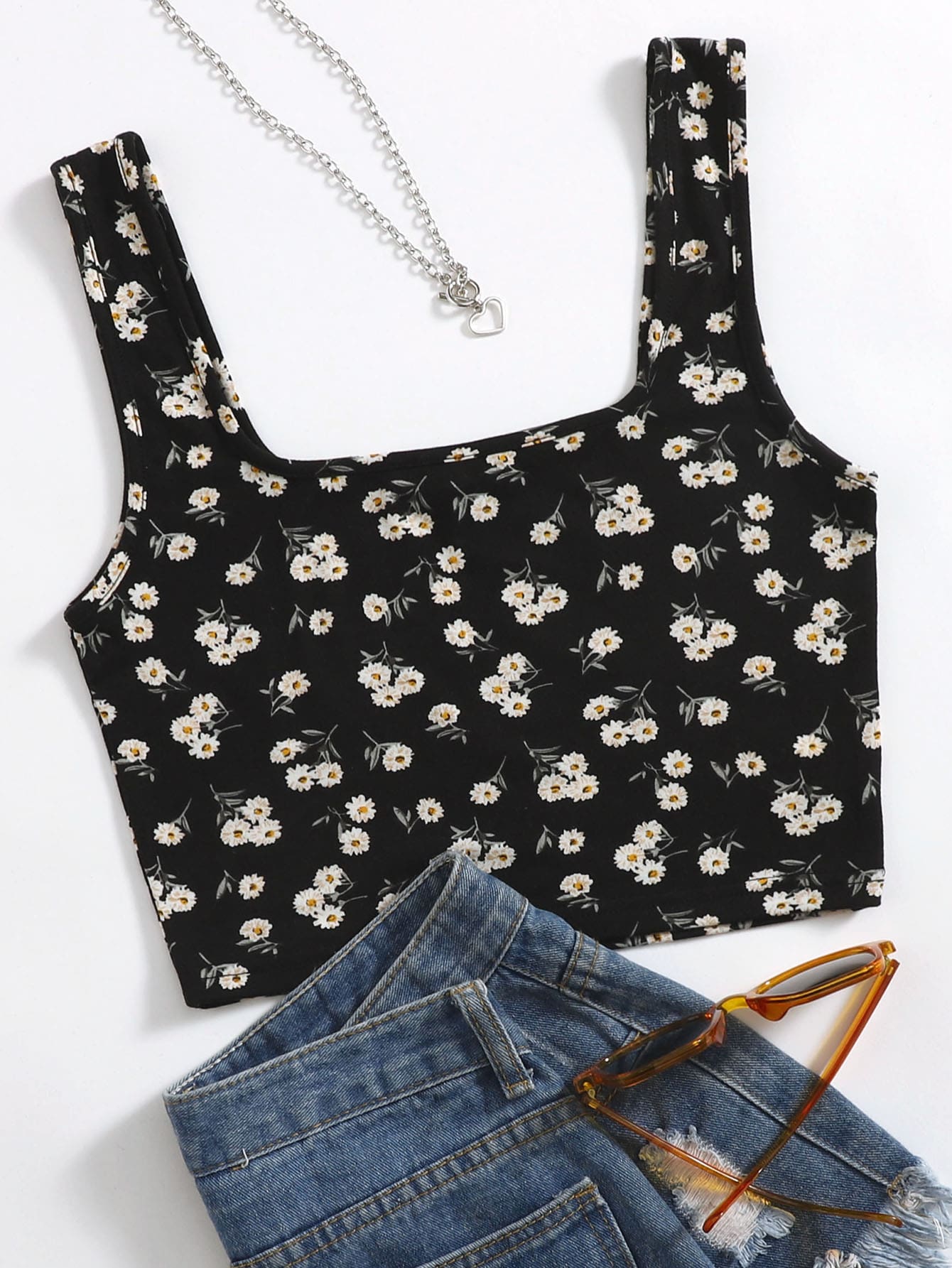 SHEIN EZwear Cottagecore Crop Tank Top Hoa Lộn xộn - Nhiều màu - Xem 1