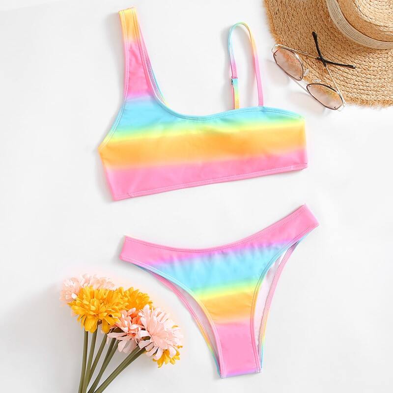 

Tie Dye Asymmetrical Neck Bikini Swimsuit, Multicolor