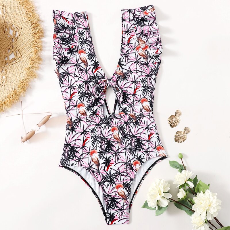 

Tropical Print Knot One Piece Swimsuit, Multicolor