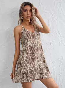 SHEIN LUNE Double V-Neck All Over Print Dress - Multicolor - View 1