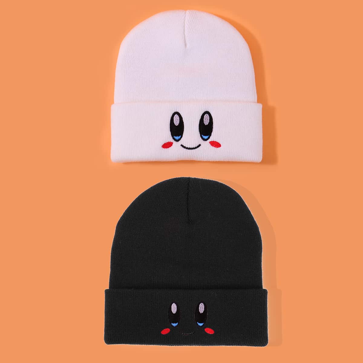 

2pcs Cartoon Embroidery Beanie, Black and white