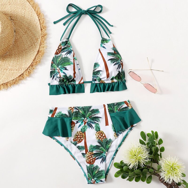 

Pineapple Print Ruffle Hem Triangle Bikini Swimsuit, Multicolor