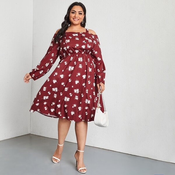 

Plus Floral Print A-line Dress, Burgundy