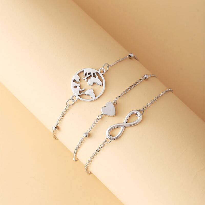 

3pcs Map & Heart Design Chain Bracelet, Silver