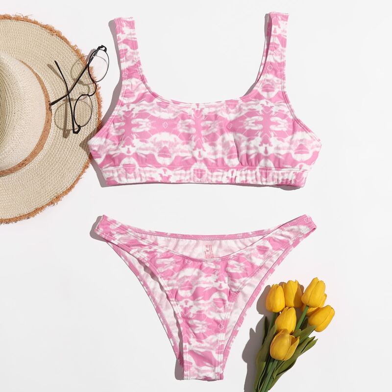 

Allover Print High Cut Bikini Swimsuit, Pink