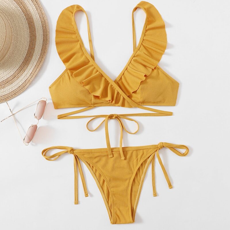 

Ruffle Tie Side Bikini Swimsuit, Mustard yellow