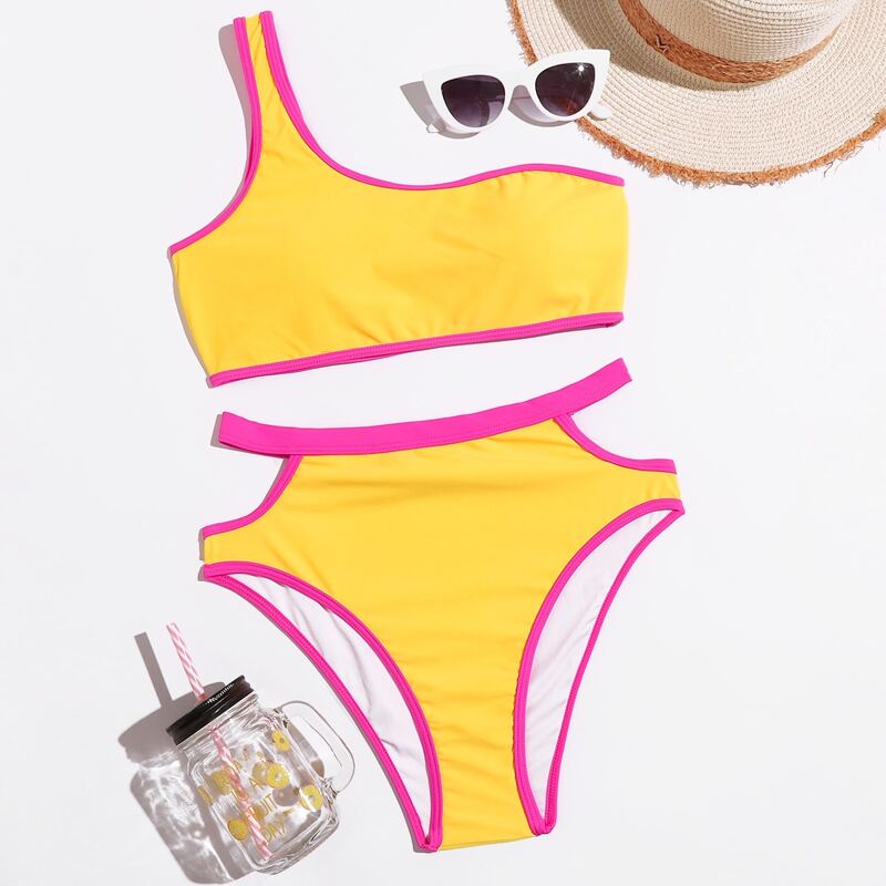

One Shoulder Contrast Binding Bikini Swimsuit, Multicolor