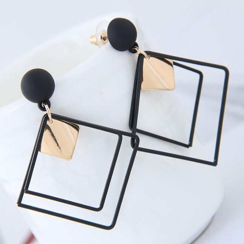 

Layered Square Drop Earrings, Black