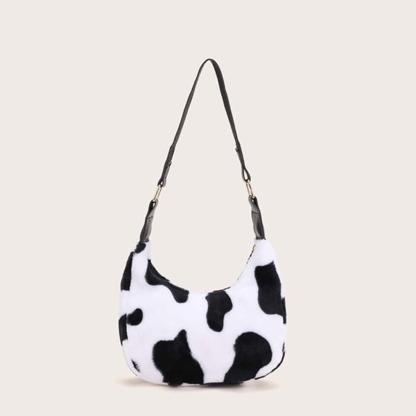 

Cow Print Plush Shoulder bag, Black and white