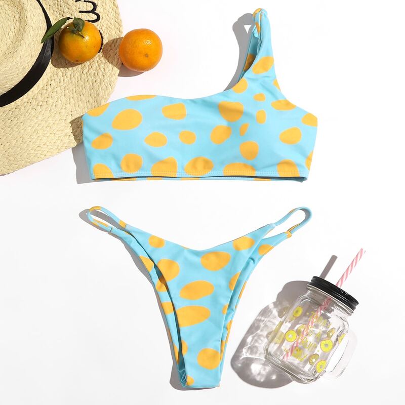 

One Shoulder Allover Print High Cut Bikini Swimsuit, Multicolor