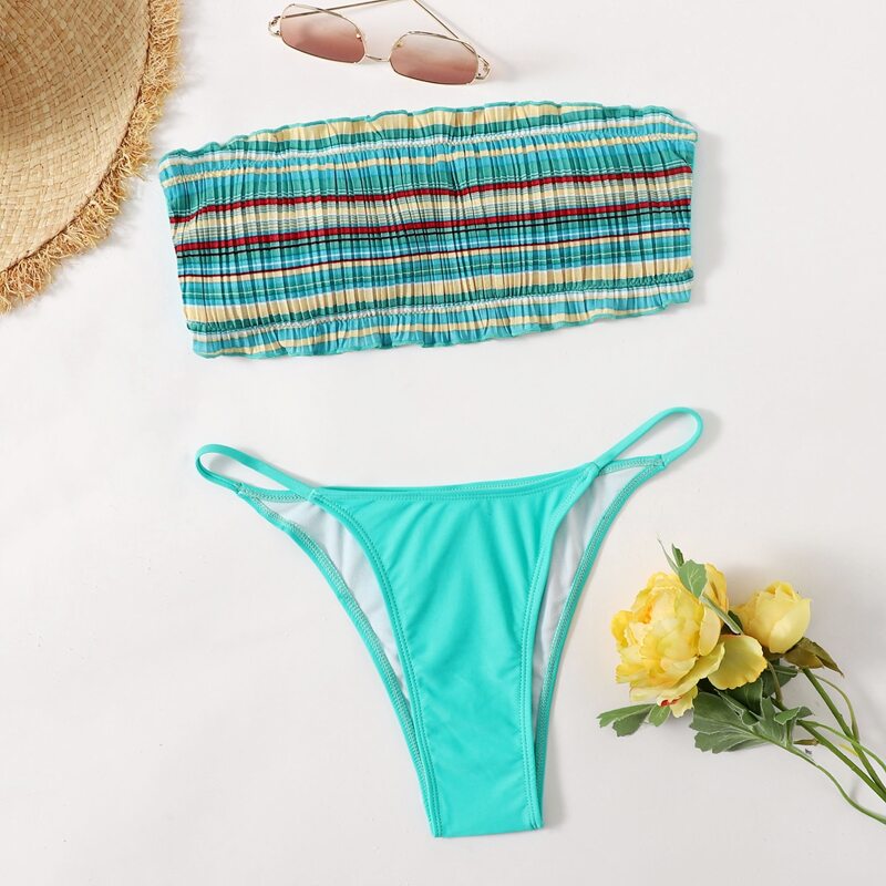 

Striped Pleated Thong Bikini Swimsuit, Multicolor