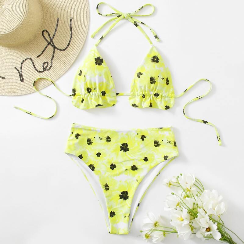 

Floral Triangle High Waist Bikini Swimsuit, Yellow