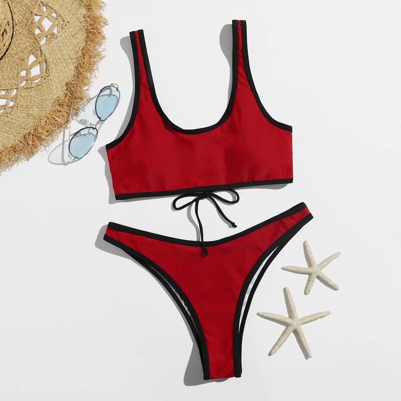 

Contrast Binding High Cut Bikini Swimsuit, Multicolor