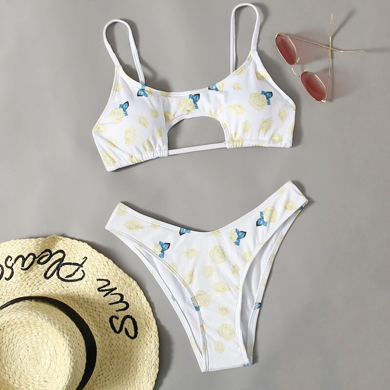 

Floral Cut Out High Cut Bikini Swimsuit, Multicolor