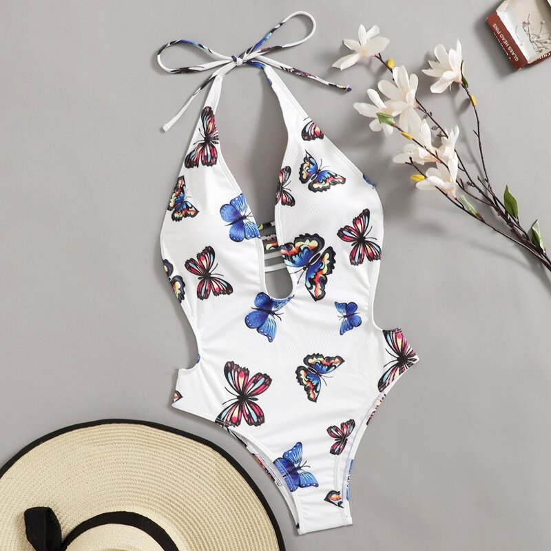 

Butterfly Print Cut-out One Piece Swimsuit, Multicolor