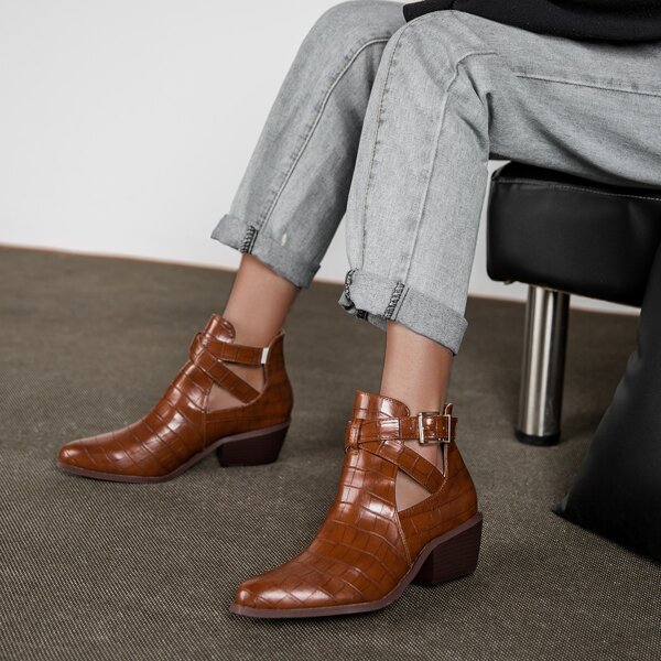 

Buckle Decor Croc Embossed Ankle Boots, Brown