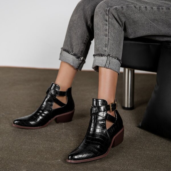 

Buckle Decor Croc Embossed Ankle Boots, Black