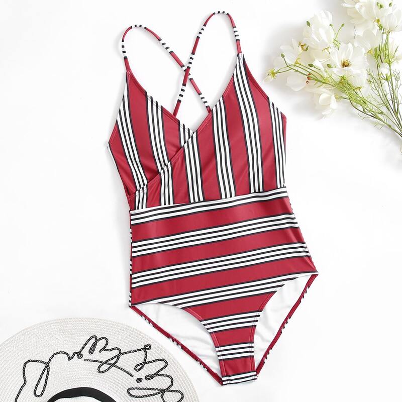 

Striped Wrap One Piece Swimsuit, Multicolor