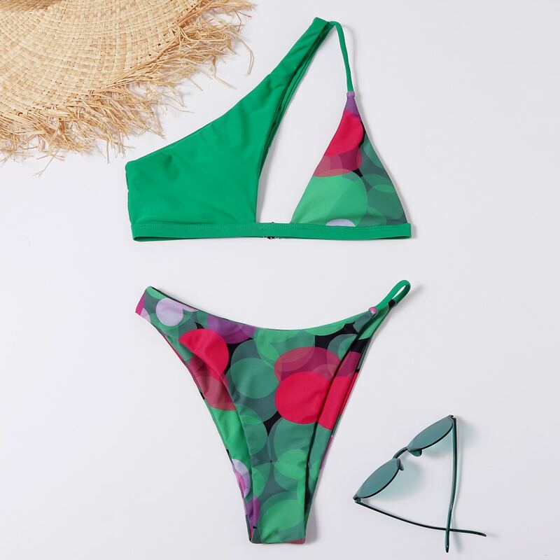 

Allover Print Asymmetrical Neck Cut-out Bikini Swimsuit, Multicolor