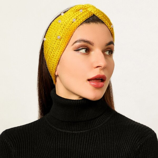 

Faux Pearl Decor Knit Headband, Yellow