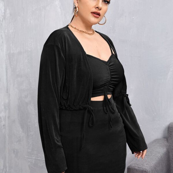 

Plus Drawstring Front Cami Top and Skirt Set With Coat, Black